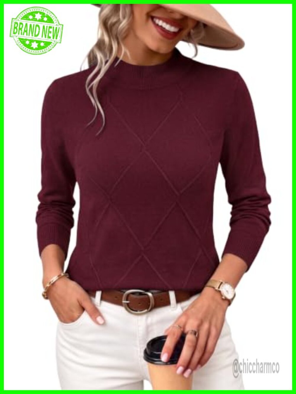 Womens Cable Knit Sweater Mock Neck Long Sleeve Pullover Viscose Blend